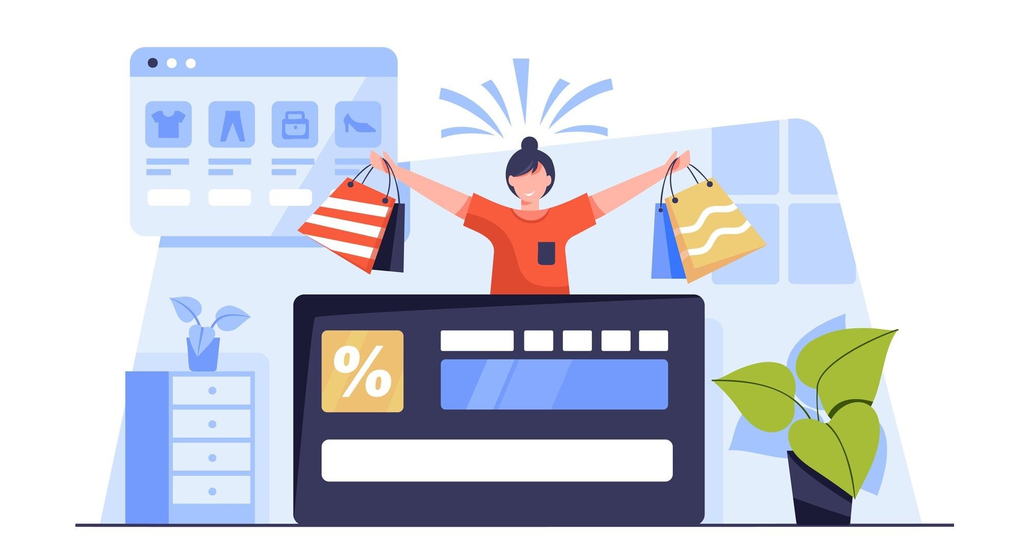 Illustration e-commerce : vendeur avec laptop, flèche de croissance et panier en ligne